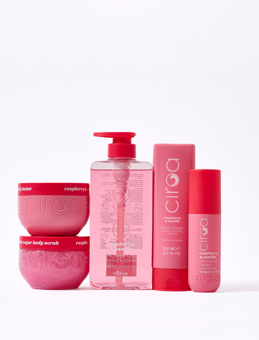 Raspberry & Vanilla Shower Gel, Body Scrub, Body Butter, Bodycare Mist & Body Serum